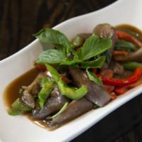 Spicy Eggplants · This dish combines Chinese eggplant with basil, garlic, black bean sauce, and bell peppers.