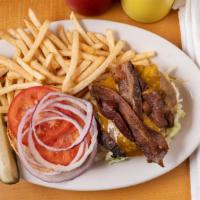 Grass-Fed Bacon Cheese Burger · 1/3 lb. pub patty with thick cuts of hickory bacon & choice of cheese.