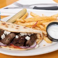 Big Lamb & Beef Gyro (Our Best-Selling Item) · Strips of gyro meat, house made cucumber tzatziki, cucumber, lettuce, fresh tomato, red onio...
