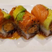 Russel Roll · In: spicy soft shell crab
out: spicy tuna, fresh salmon, avocado and spicy ponzu.