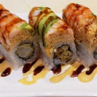 Ultimate Shrimp Roll · In: shrimp tempura; out: spicy soft shell crab, fresh shrimp, avocado eel and spicy mayo sau...