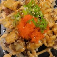 Popcorn · in: spicy tuna
out: tempura shrimp, spicy mayo, teriyaki, masago, negi