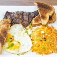 8Oz Ribeye & Eggs · 8 oz. ribeye grilled to your liking. two eggs any style, hash browns topped with peppers and...