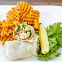 California Chicken Wrap · Grilled chicken, applewood bacon, spring mix, tomatoes, onions, avocado, cheddar jack cheese...