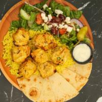 Chicken Kabob Plate · Juicy all-white meat chicken kabobs with homemade marinade, with choice of 2 sides. Served w...