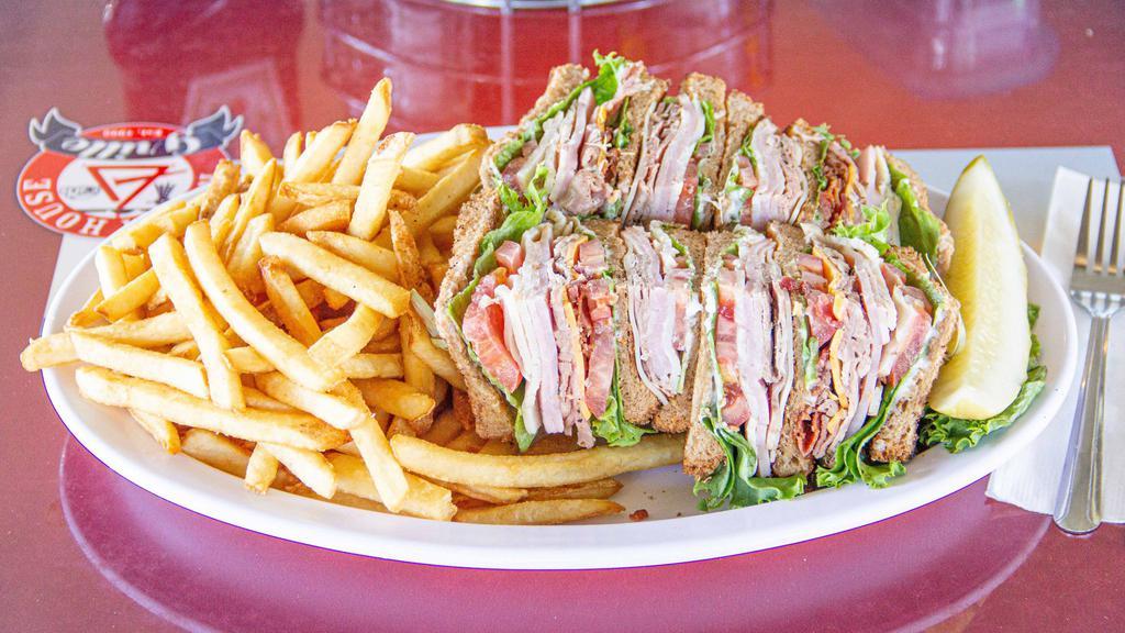 H.G Club Sandwich Or Wrap · Roast beef, turkey, ham, thick cut bacon, American and Swiss cheeses, lettuce, tomatoes, and mayo on toasted whole wheat or tortilla