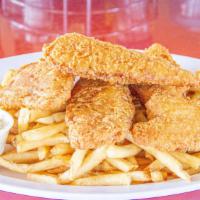 Fish And Chips · 5 beer battered and fried golden cod fillets with fries and coleslaw