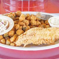 Burke'S Catfish · Soaked in buttermilk, battered, deep fried and served with okra and coleslaw
