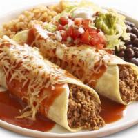 Enchilada Platter · 2 smothered enchiladas stuffed with your choice of protein served with rice and beans, sour ...