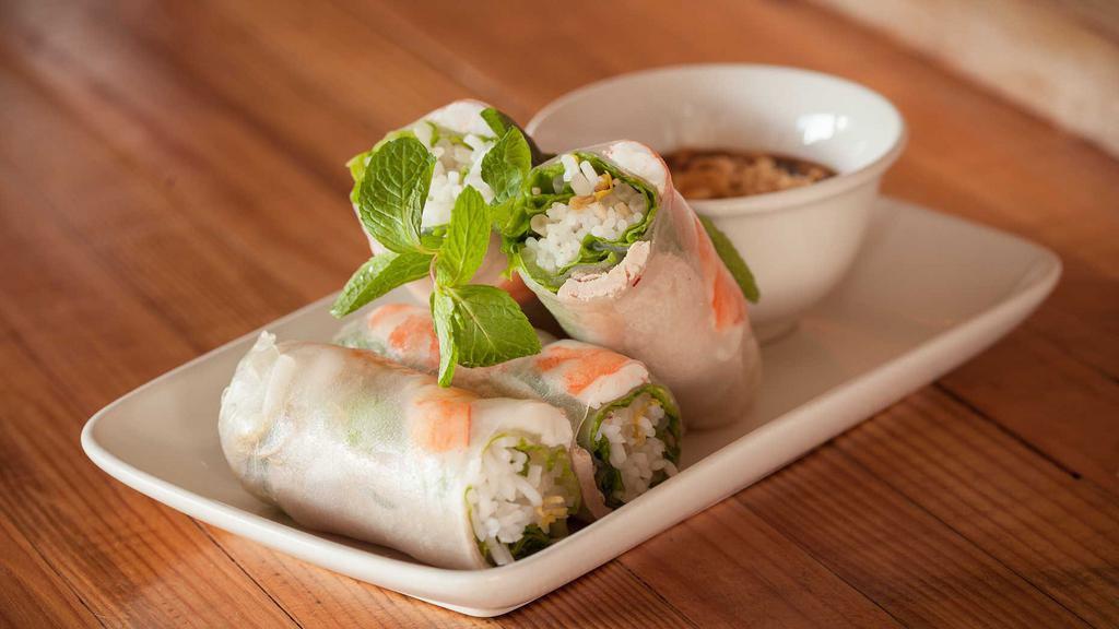 Gỏi Cuốn - Salad Rolls (Gf) · Wrapped in rice paper with vermicelli noodles, lettuce, mint, and bean sprouts.  Served with peanut sauce that contains Gluten.