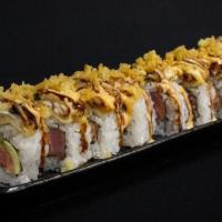 Sumo Roll · Spicy tuna and avocado topped with tempura fried unagi, spicy mayo, unagi sauce and tempura ...