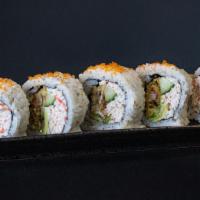 Spider Roll · Deep-fried soft shell crab, avocado, fish roe, crab meat, cucumber and sprouts. Consuming ra...