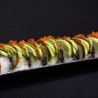 Caterpillar Roll · Eel and cucumber, topped with avocado, tobiko and unagi sauce.