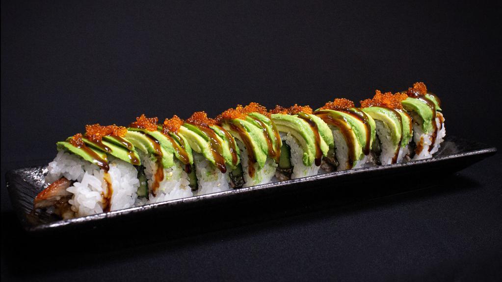 Caterpillar Roll · Eel and cucumber, topped with avocado, tobiko and unagi sauce.