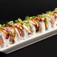 Perfect Wave Roll · Spicy tuna and avocado topped with octopus, unagi sauce, green scallions and sesame seeds.