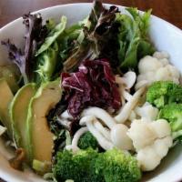 Vegetable Ramen · Vegetable broth,avocado,seasonal vegetables,mushroom,wasabi paste,lemon slice,kale noodles.