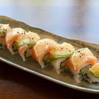 Sunshine · Imitation Crab, cucumber, avocado, sushi rice, nori, salmon and lemon on top