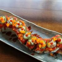 Fire Dragon Roll · Spicy imitation crab, cucumber, avocado, sushi rice, nori, spicy tuna, masago fish egg, jala...