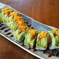 Caterpillar Roll · Imitation crab, cucumber, avocado, sushi rice, nori, sesame seed, masago, eel sauce on top