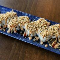 Crunchy Crab Roll · Imitation crab, cucumber, avocado, fried onion, sushi rice, nori, sesame seed, with spicy Ma...