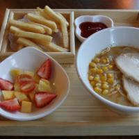 Kid'S Ramen Combo · Choice of chicken or pork broth, comes with fried, fruit, and a small drink.