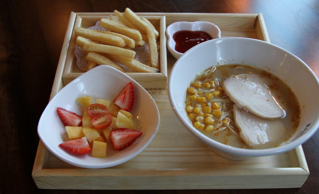 Kid'S Ramen Combo · Choice of chicken or pork broth, comes with fried, fruit, and a small drink.