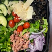 Chopped Salad · Finely chopped romaine & iceberg lettuce, spinach leaves, grilled chicken, green pepper, red...
