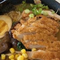 Curry Ramen · Chicken katsu, sweet corn, marinated mushrooms, served in Japanese curry chicken broth.