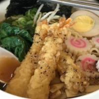 Seafood Ramen · Tempura shrimp, Naruto, bamboo shoots served in shoyu broth.