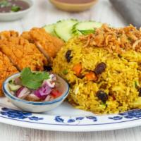 Kow Ob! Gai Tod / ข้าวอบไก่ทอด · Oven rice with turmeric powder, raisins, carrot, green bean, deep-fried crispy chicken, cila...