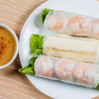 Rolls (3) · Rice paper wrap with butter leaf lettuce, cucumber, cilantro, vermicelli noodles, and mint.