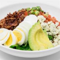 Brewery Cobb Salad · Chopped greens, crispy bacon, grilled chicken, hard-boiled eggs, tomatoes, avocado, crumbled...