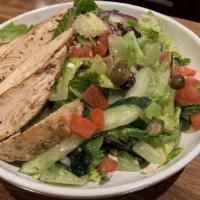 Greek Salad · Grilled chicken, tomato, romaine, cucumber, feta, olives, olive oil, Greek vinaigrette dress...