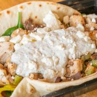 The Hercules · Chicken and Gyro cooked in our Secret Sauce! With a Choice of Greens, Grilled Mushrooms, Gri...