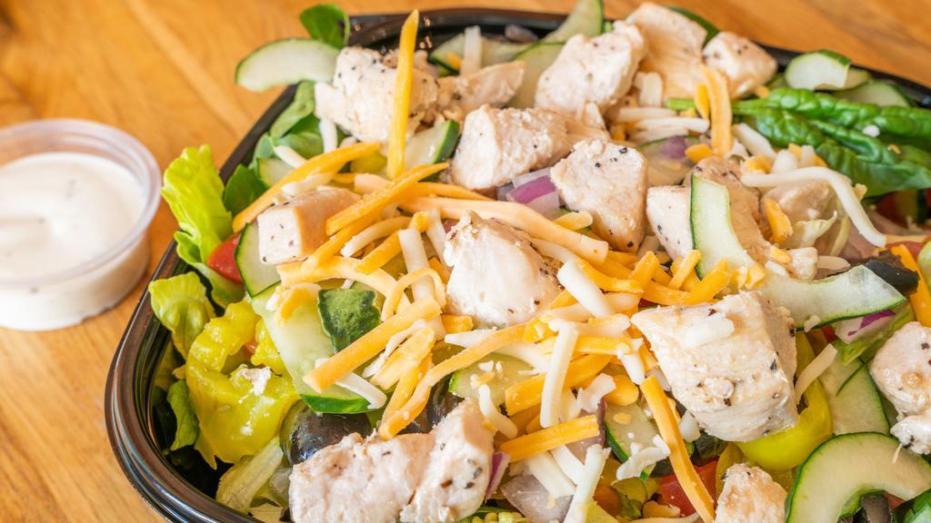 Chyro Salad · Our Gyro and Grilled Chicken Breast served over your choice of unlimited greens, veggies, and dressing.
*Our fresh, made in house Tzatziki is a local  favorite for dressing