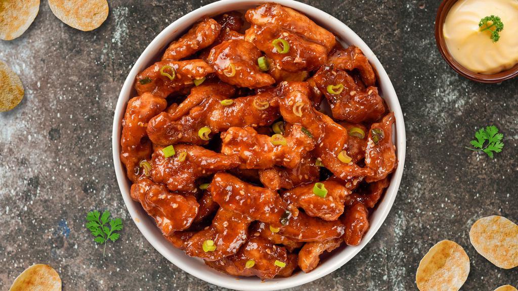 S&S Boneless Wings · Boneless breaded fresh chicken wings, fried until golden brown, and tossed in sweet and sour sauce. Served with a side of ranch or bleu cheese.