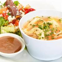 Lemon Chicken Soup With Greek Salad · Our Lemon Chicken Soup with our Greek Salad. Fresh mixed lettuce, tomatoes, cucumbers, roast...