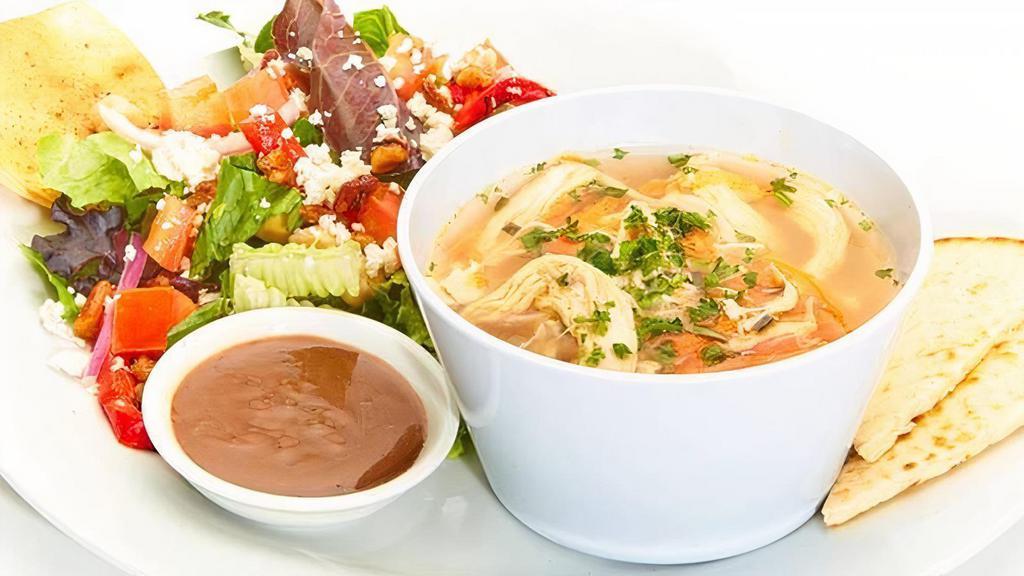 Greek Lemon Chicken Soup W/ Mediterranean Salad  · Our Lemon Chicken Soup with our Mediterranean Salad. Fresh mixed lettuce with garbanzo beans, roasted red peppers, red onions diced tomatoes, candied pecans, feta, and Balsamic Vinaigrette.