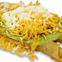 3 Rolled Tacos & Guacamole · Shredded beef rolled tacos, topped with guacamole, cheddar and jack cheese.