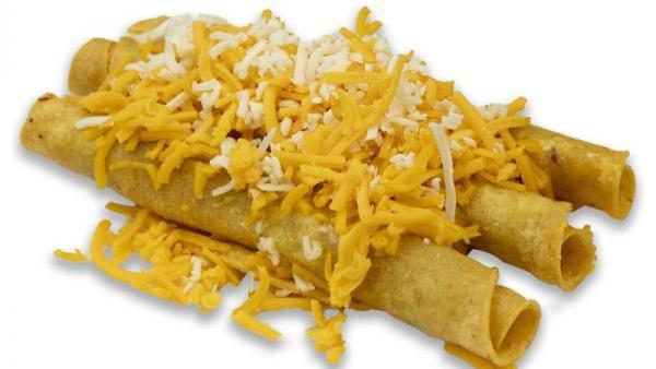 3 Rolled Tacos & Cheese · Shredded beef rolled tacos, topped with cheddar and jack cheese.