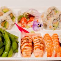 No Raw Bento · Nigiri: 2 pieces Steamed Shrimp, 2 pieces Seared Salmon, 1 piece  Blue Crab Nigiri, Cut Roll...