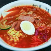 Budae Jigae (Army Stew) Ramen · Medley of sliced spam, thick bacon, beef sausages and stir-fried kimchi in a spicy savory br...