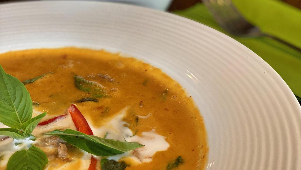 Panang Curry · Panang curry paste with coconut milk, lime leaves, basil and bell peppers. Add beef, seafood combo or shrimp for an additional charge.