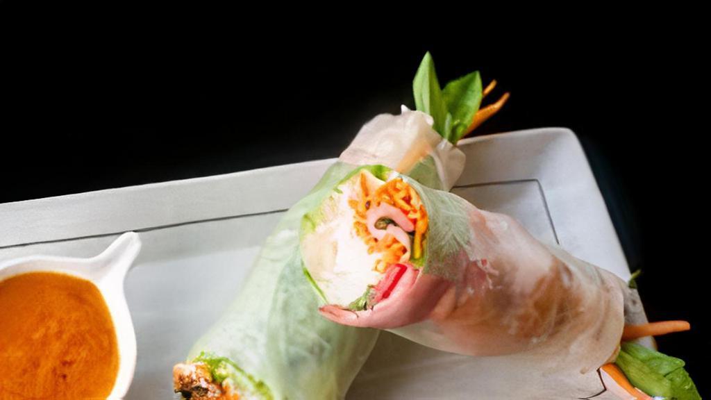 Fresh Rolls (2 Pieces) · Wrapped in soft rice skin with prawns, barbecued pork, cilantro. Bean sprouts, carrots, lettuce, ground peanuts and rice vermicelli served with peanut sauce. Also available with tofu