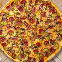 Locked And Loaded Pizza · Fresh mushrooms, green peppers, red onions, pepperoni, and fresh mozzarella  baked on a hand...