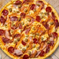 Meaty Bonanza Pizza · Mozzarella, pepperoni, chicken, and sausage  baked on a hand-tossed gluten free 10 inch dough.