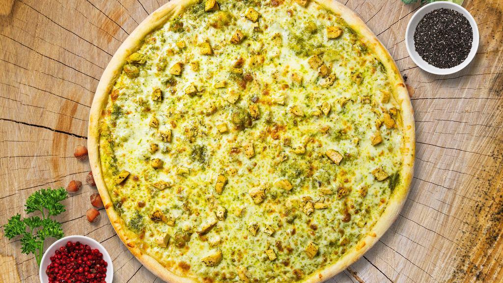 Chicken Pizza · Fresh pesto, chicken, mozzarella cheese, and parmesan  baked on a hand-tossed gluten free 10 inch dough.
