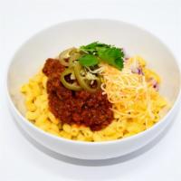 Chilli Mac  · beef chili topped with pickled jalapeno, cheddar, cilantro and diced red onion