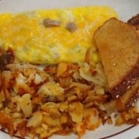 Sausage & Mushroom Omelette Breakfast · Filled with diced sausage, mushrooms and a blend of cheeses. Served with our homemade hash b...