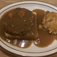 Open Faced Hamburger · Smothered with brown gravy and served with homemade mashed potatoes and texas toast. Served ...